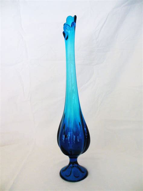 Vtg 23" Viking Glass Blue Bluenique Epic Column Swung Stretch Vase 6 Petal. . Viking glass vase blue